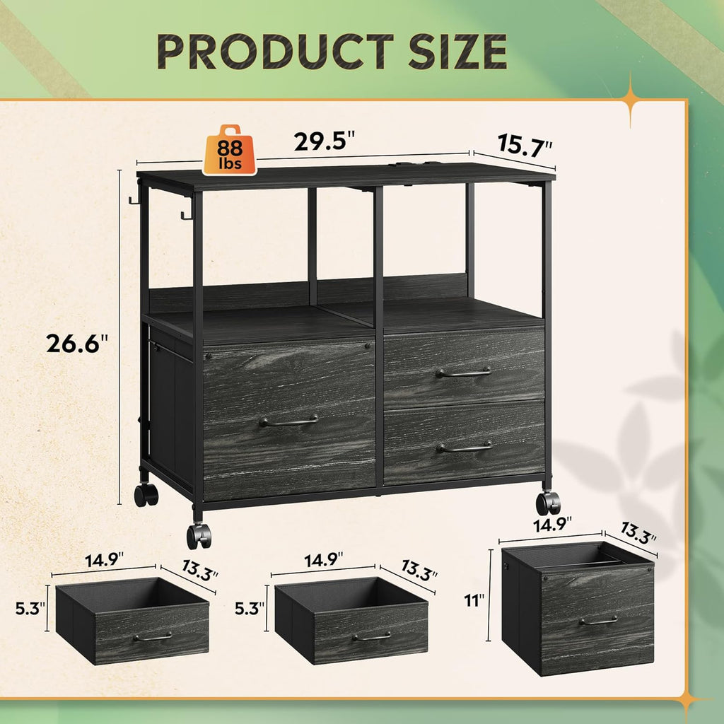DEVAISE 3 Drawer File Cabinet with Charging Station, Rolling Printer Stand for Office Storage, Mobile Filing Cabinet fits Under Desk Storage, Charcoal Black Wood Grain Print