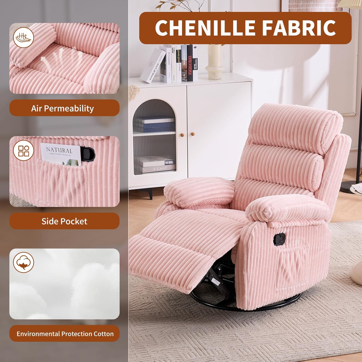 Snug-Cushioned Velvet 360° Swivel Recliner Chair - Gliding Rocking Chair Nursery Recliner, Generous Footrest, Padded Armrests & Side Pocket, Perfect for Nursery & Compact Spaces, Pink