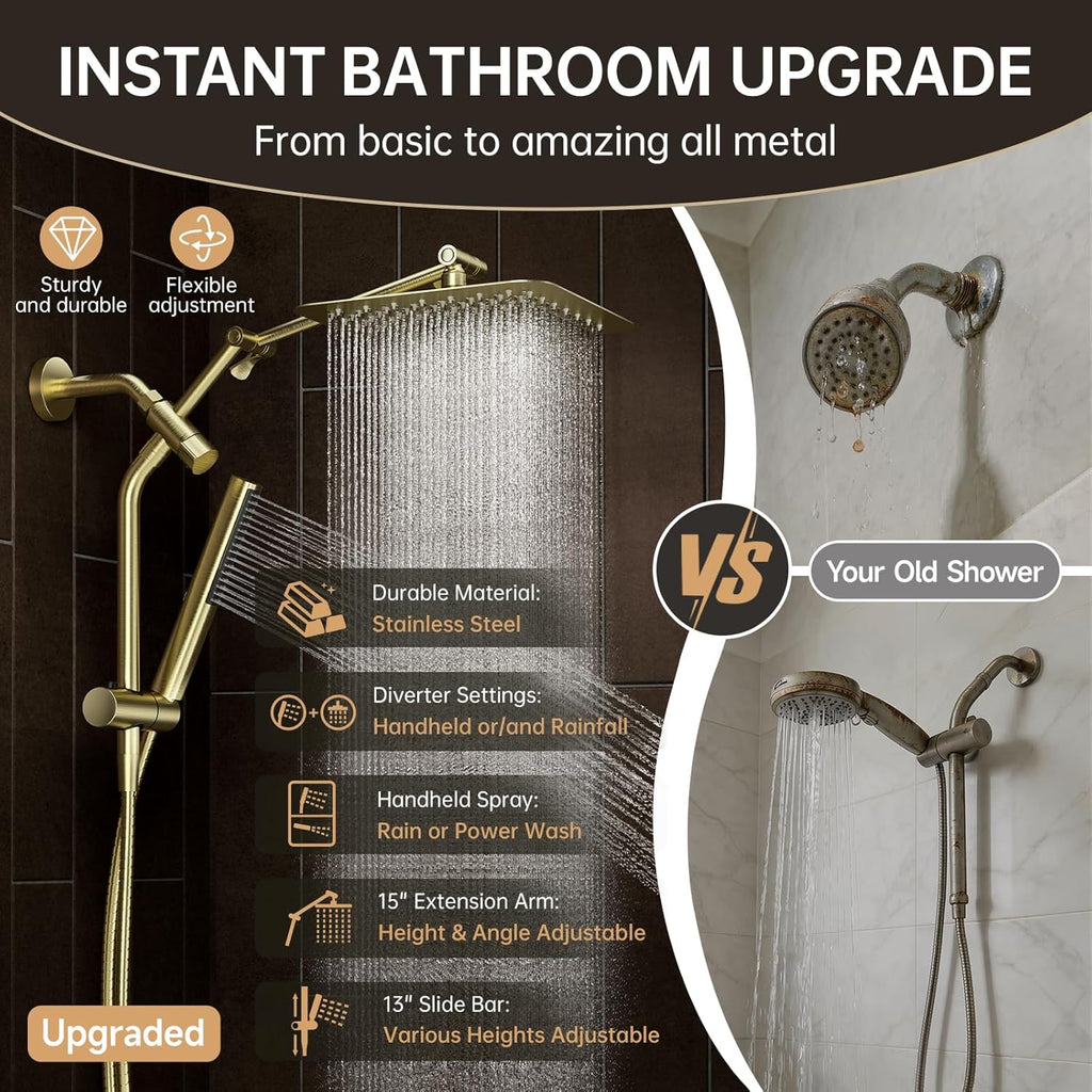 Veken All Metal 10" Brushed Gold Shower Head with Handheld, Luxurious Square Double Rain Shower Heads with Spray Combo, Dual High Pressure Detachable Rainfall Showerhead with Extension Arm, Long Hose