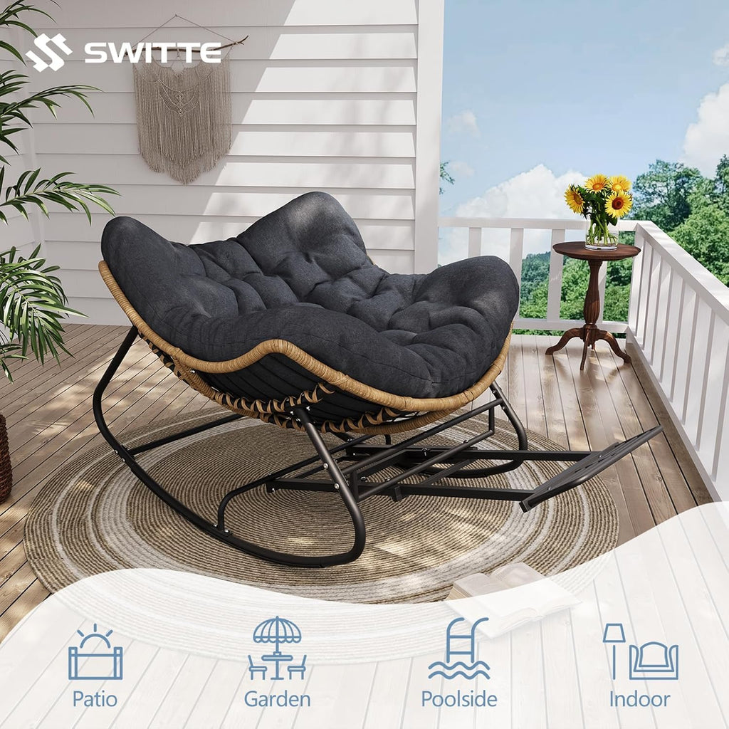 SWITTE Outdoor Rocking Chair with Footrest, Oversized Patio Papasan Rocker, Comfy Wicker Reading Lounge, Indoor Bed-Like Egg Chair for Bedroom,Balcony, Porch, Garden, Heather Gray
