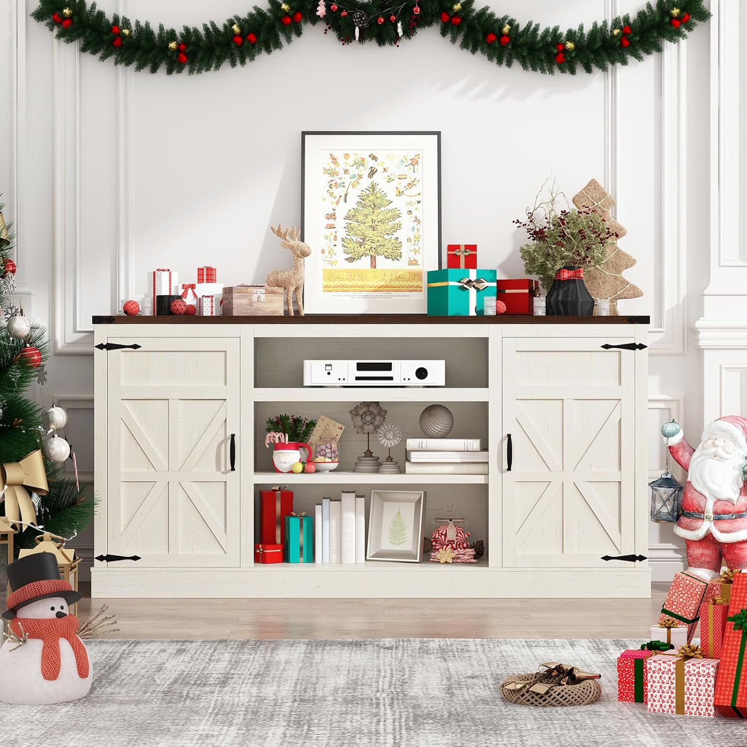 Hlivelood 66" Farmhouse TV Stand with Power Outlets for 75 Inch TVs, 33" Tall Entertainment Center with Storage Cabinets w/Adjustable Shelves, Rustic Large TV Media Console, Rustic White