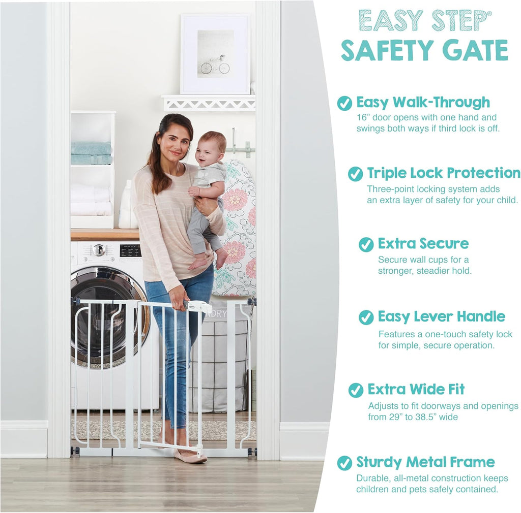 Regalo Safety 29-38.5" Baby Gate for Doorways & Bottom of Stairs, Pressure Mounted Baby Gate with Door for Babies, Toddlers & Pets, Tested & Safe for 30 Years, American Designed, American Owned, White