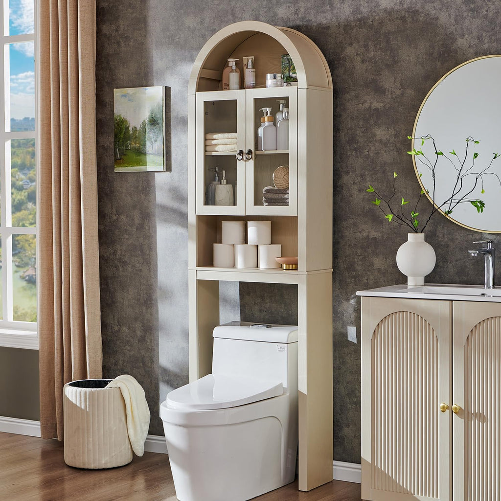 IFGET Arched Over The Toilet Storage Cabinet with Acrylic Doors, Modern Over Toilet Bathroom Organizer Shelf, Small Wooden Bathroom Storage Cabinet with Adjustable Shelf, Space Saver, Cream