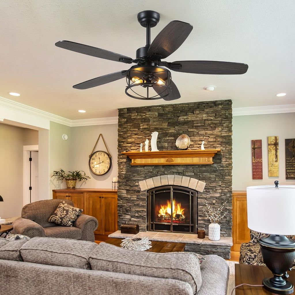 Hounberi 52" Caged Ceiling Fan with Lights and Remote, Downrod Rustic Ceiling Fans, 6-Speed Reversible, 5 Dual-Finish Blades, E26*2 Blub Base + Black Metal Lampshade for Bedroom Living Room