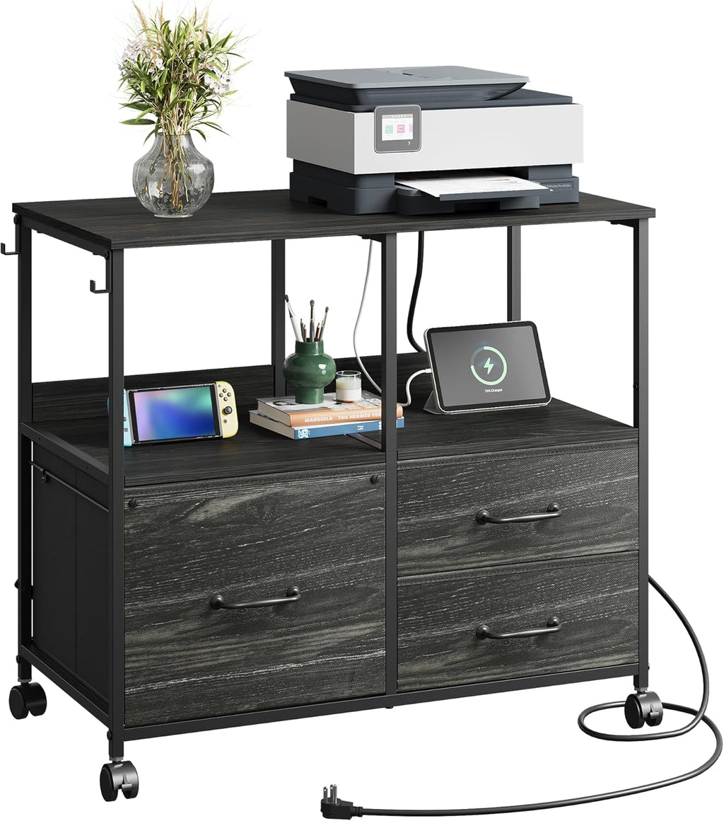 DEVAISE 3 Drawer File Cabinet with Charging Station, Rolling Printer Stand for Office Storage, Mobile Filing Cabinet fits Under Desk Storage, Charcoal Black Wood Grain Print