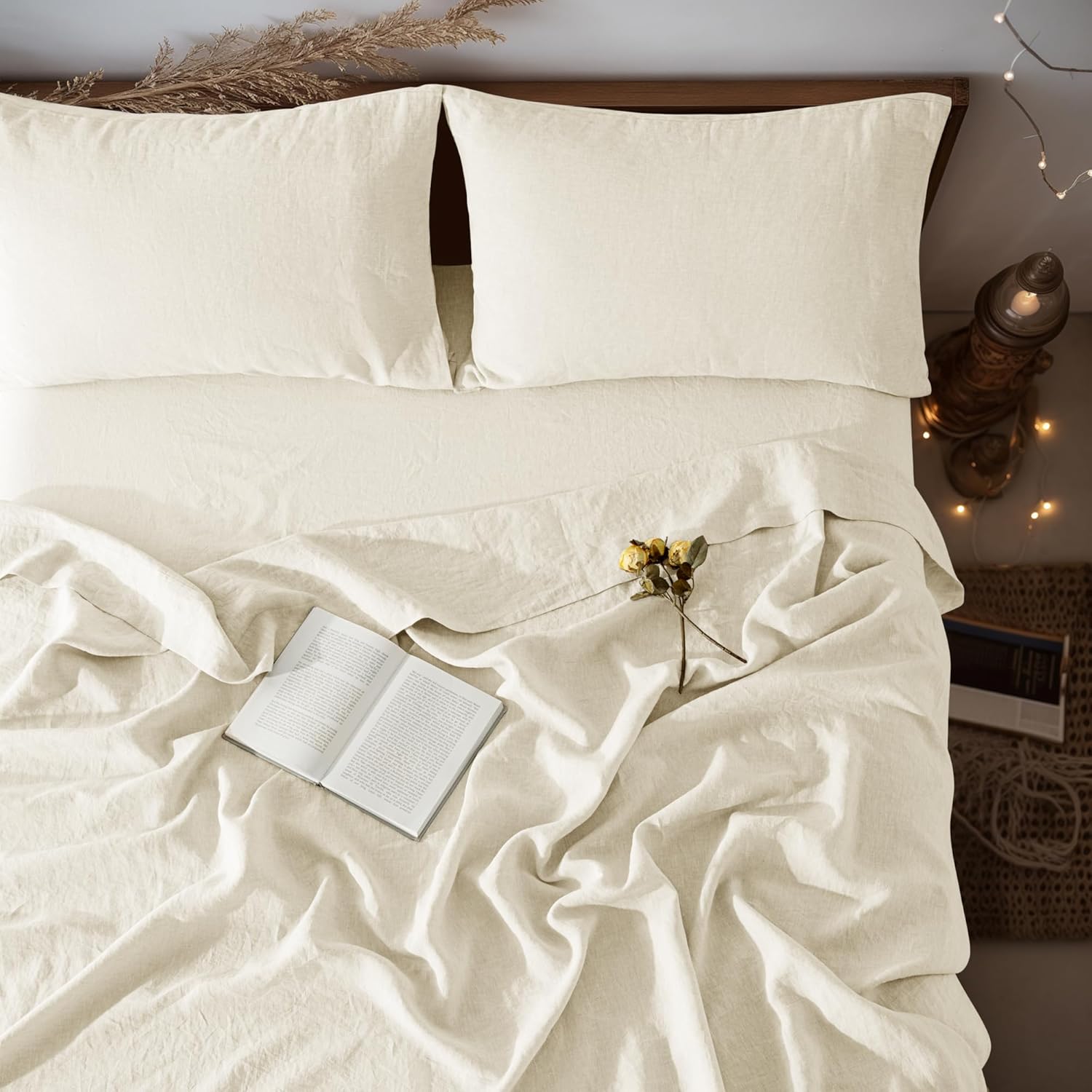 LBRO2M 100% Pure Linen Sheet Set Deep Pocket Up to 16" Bed Sheets Sets, Natural Flax Beddings Soft, Breathable, Comfortable for All Seasons 4 Pcs Sheet Set Queen Size, Beige