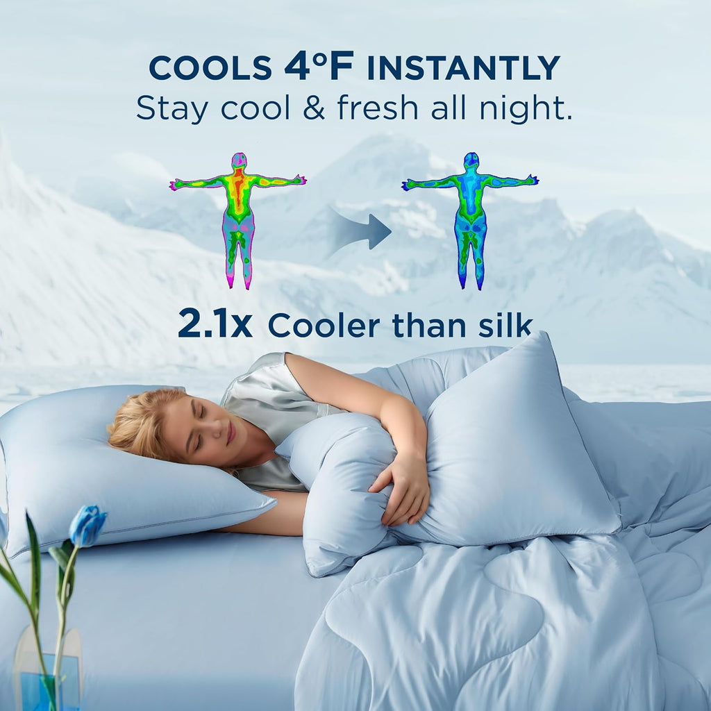 Bedsure Cooling Comforters King Size Set 4 Pieces, Blue Cooling Blanket for Hot Sleepers, Double-Sided Cool Tech King Bedding Set with Breathable Lightweight Comforter, Sheet & Pillowcases