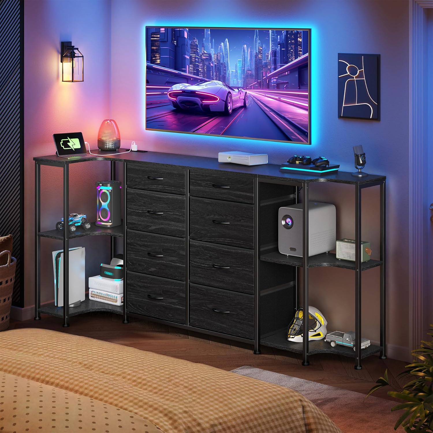 8 Drawer Dresser for Bedroom with Charging Station,3 Configurations (U/L/Linear), Fits 55/65/75''TV,Large TV Stand with 5 Wooden Storage Shelves,Entertainment Center for Living Room,Hallway,Black