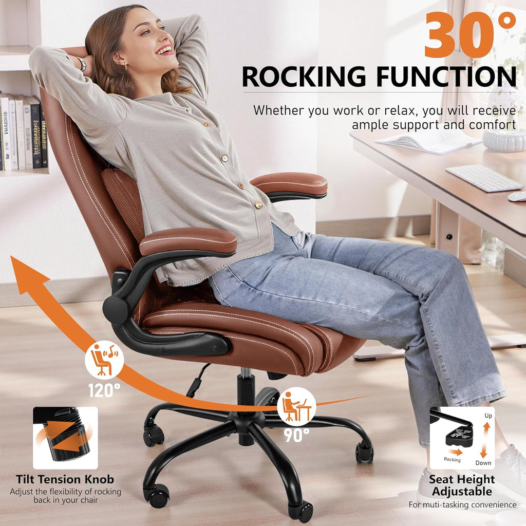 Office Chair, Ergonomic Desk Chair with Lumbar Support for Lower Back Pain Relief, Executive Leather Chair with Padded Flip-up Armrests and Wheels, Brown