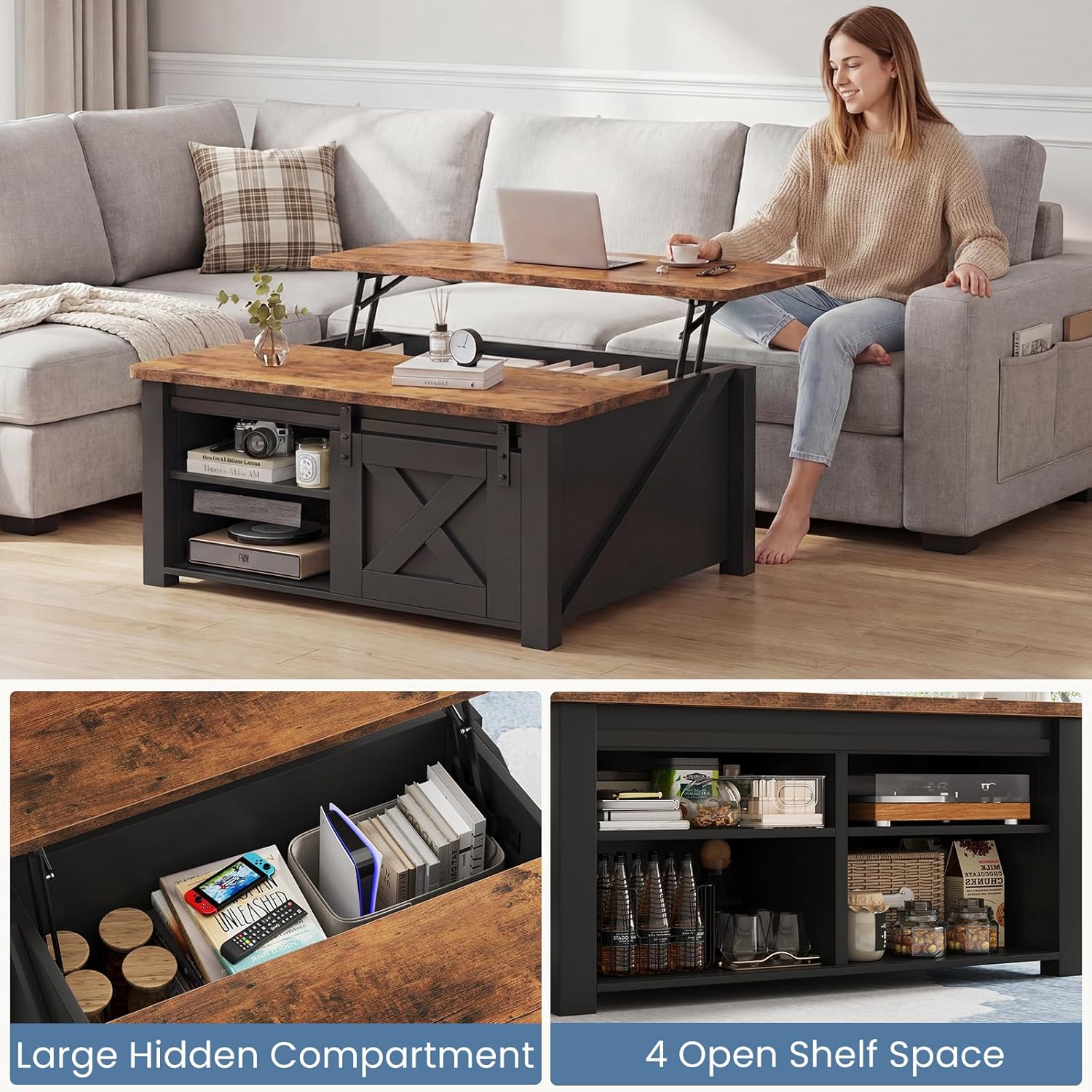 DUMOS Coffee Table, Lift Top Center Table with Storage, Square Living Room Tables with Adjustable Shelves, Wooden Center Coffee Table with Hidden Storage Compartment, Black