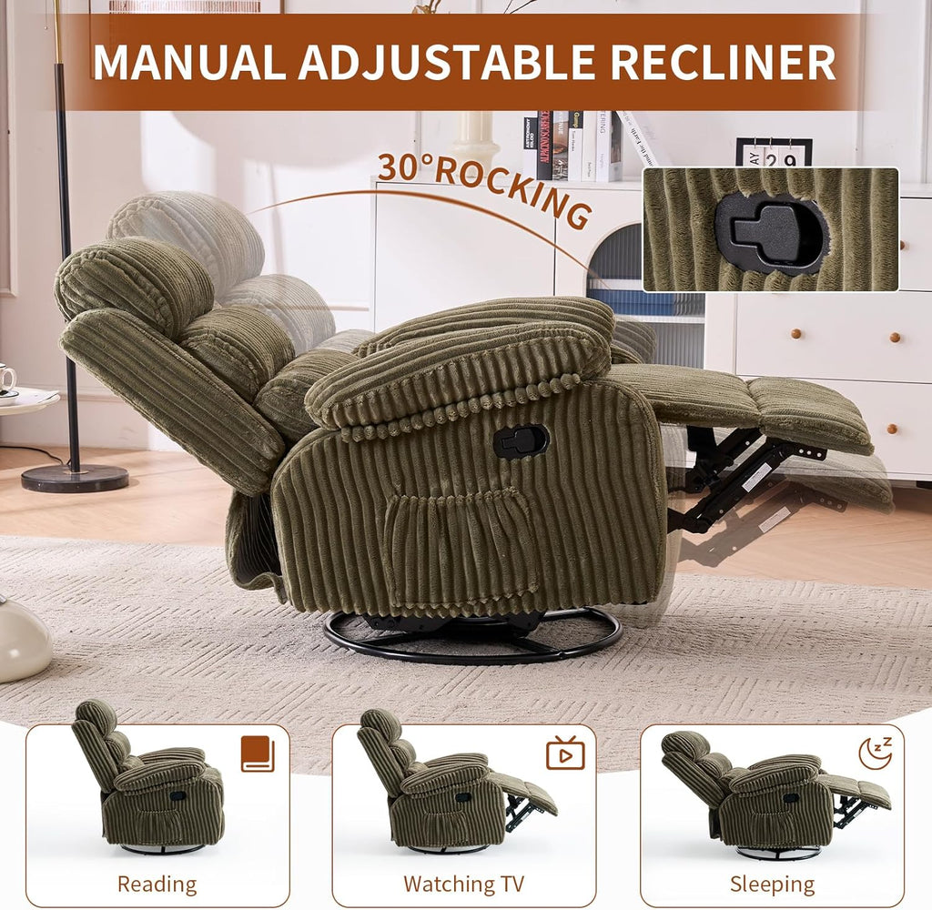 Cloud-Soft Velvet 360° Swivel Rocking Chair Nursery Recliner - High Back Gliding Recliner Chair, Plush Footrest, Supportive Armrests & Side Storage Pocket, Ideal for Nursery & Living Room, Green