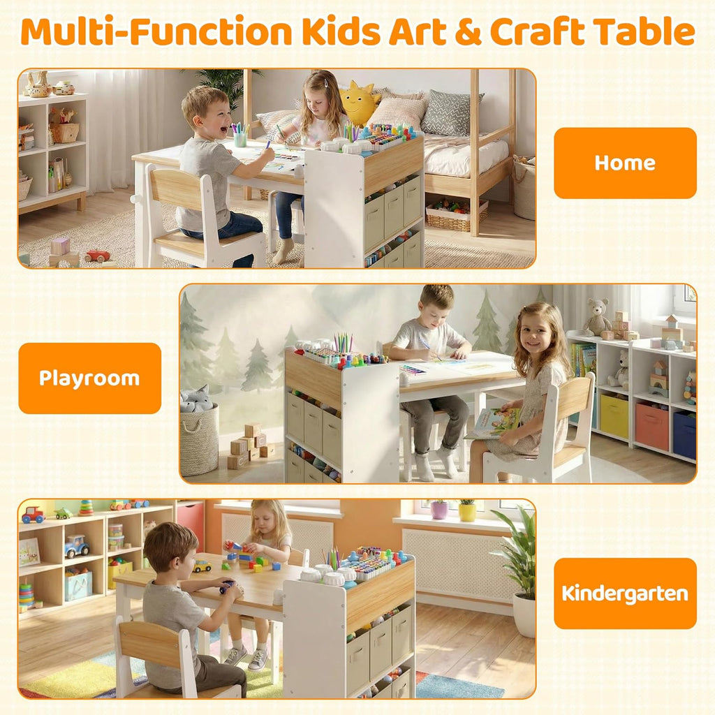 GITAWUSA Kids Art Table and Chairs, Wooden Kids Craft Table and Chairs with Storage Bins and Paper Roll, Toddler Activity Play Desk for Drawing/Learning/Read, Toddler Table and Chair Set for Boy/Girl
