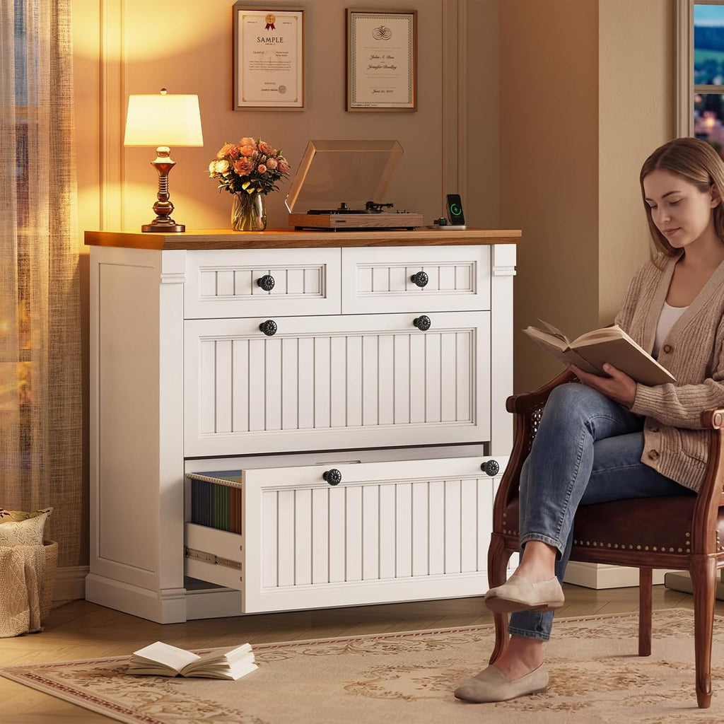 SEDETA 4 Drawers File Cabinet, 33" Farmhouse Filing Cabinets for Home Office fit Legal/Letter/A4 File, Wood Office File Cabinet with Power Outlets, Printer Stand with Storage, White+Brown
