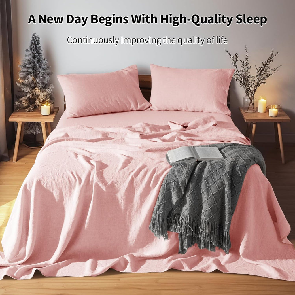 LBRO2M 100% Pure Linen Sheet Set Deep Pocket Up to 16" Bed Sheets Sets, Natural Flax Beddings Soft, Breathable, Comfortable for All Seasons 4 Pcs Sheet Set Queen Size, Blush Pink