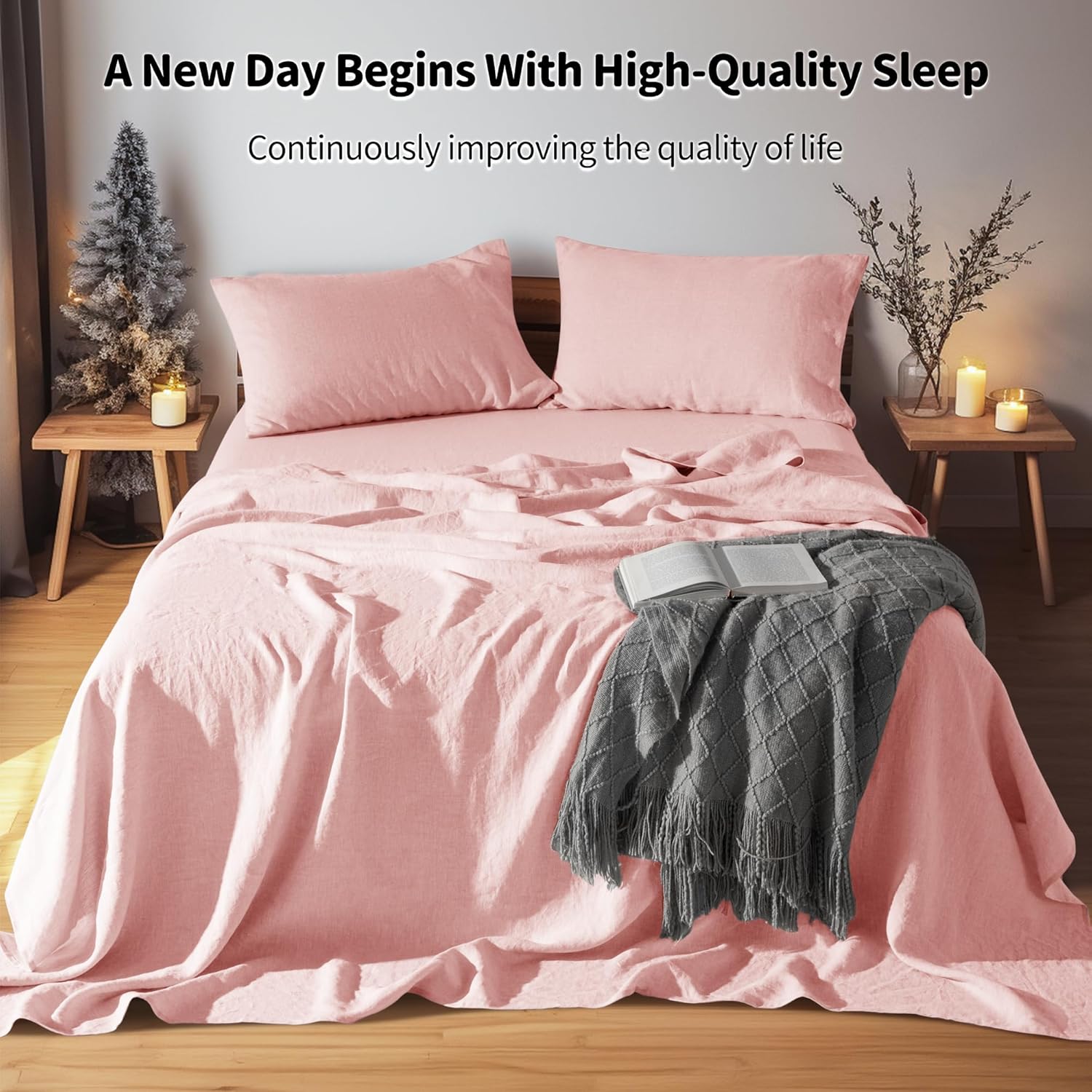 LBRO2M 100% Pure Linen Sheet Set Deep Pocket Up to 16" Bed Sheets Sets, Natural Flax Beddings Soft, Breathable, Comfortable for All Seasons 4 Pcs Sheet Set Queen Size, Blush Pink
