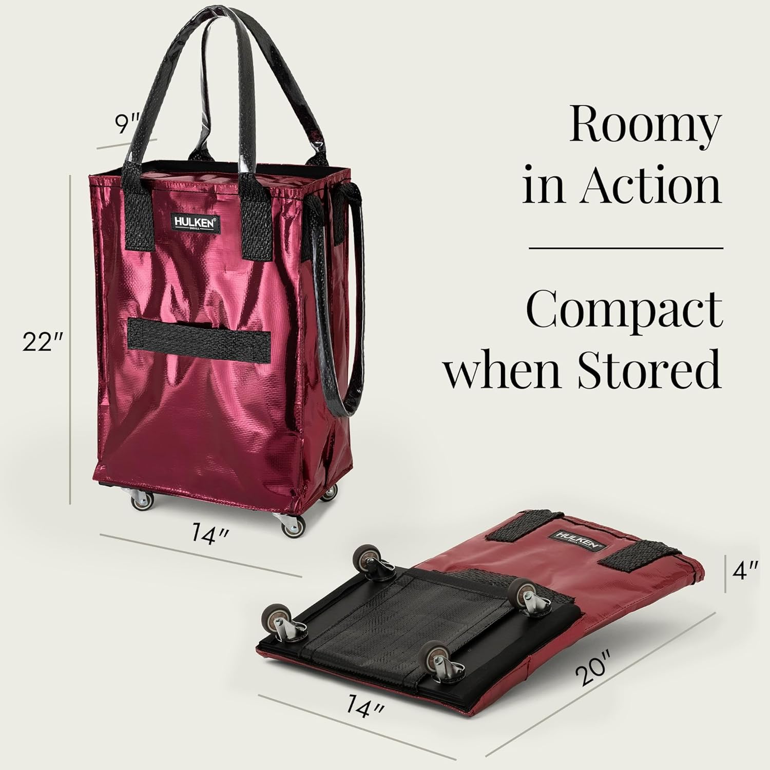 HULKEN (Small, Cosmic Red) Reusable Grocery Bag On Wheels, Shopping Trolley, Rolling Tote, Zipper Closure, Lightweight, Carries Up to 66 lb, Folds Flat
