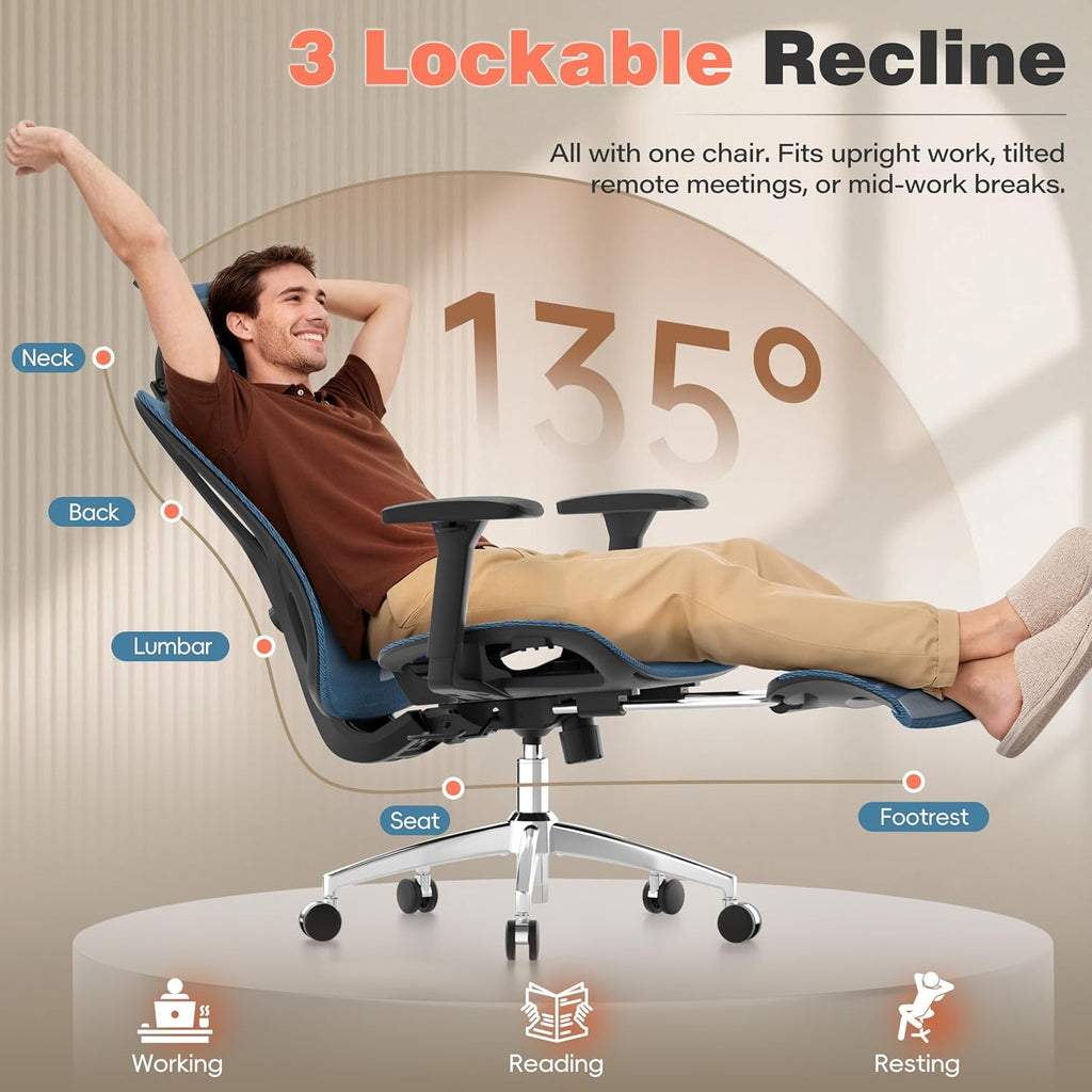 GABRYLLY Ergonomic Office Chair - 135° Reclining Desk Chair with Adjustable Lumbar Support, 3D Armrest, Large Headrest & Heavy Duty Steel Base, 300LBS Mesh Task Chair, Navy Blue