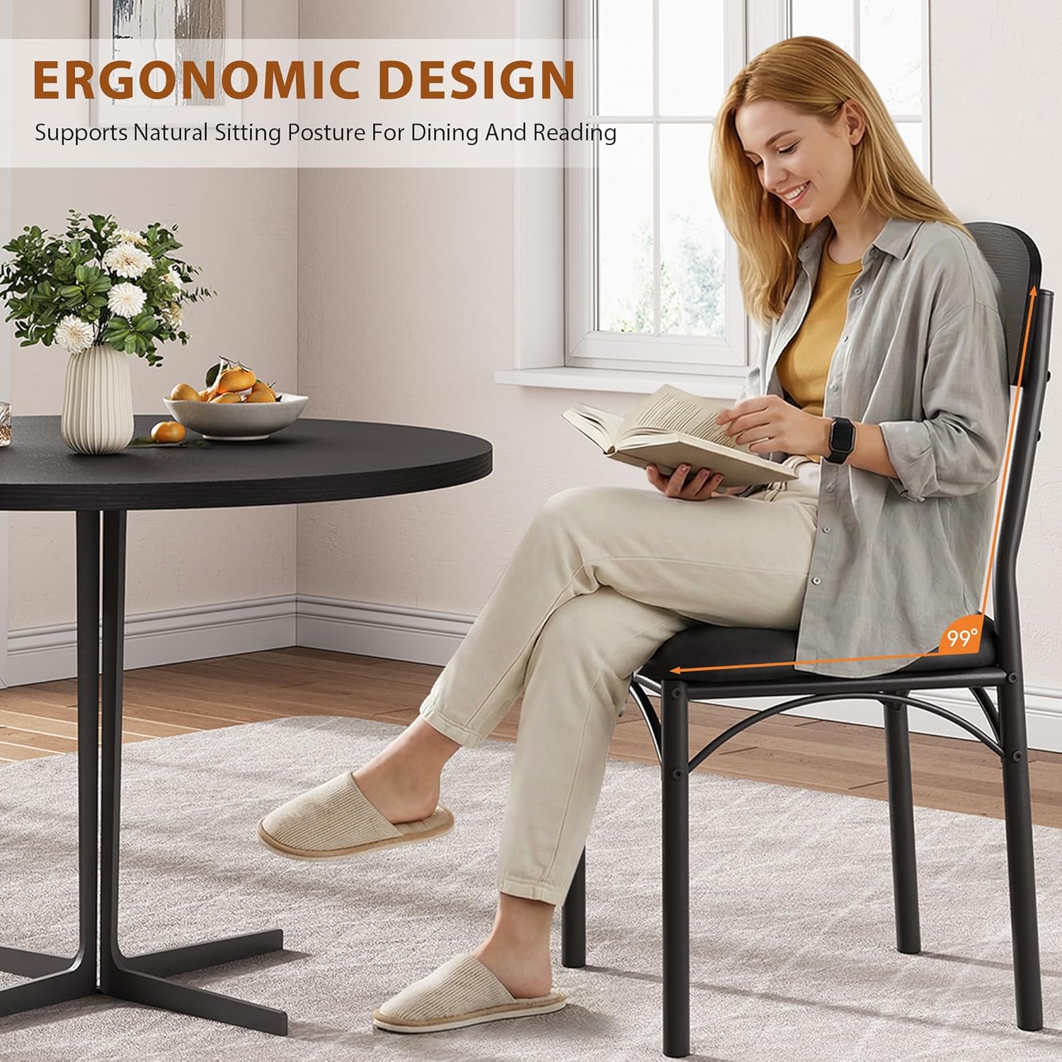 Jocoevol Dining Chairs Set of 4 - Upholstered Dining Room Chairs with PU Leather, Industrial Kitchen Chairs with Wooden Backrest and Thickened Metal Legs, for Dining Room, Living Room（Black）