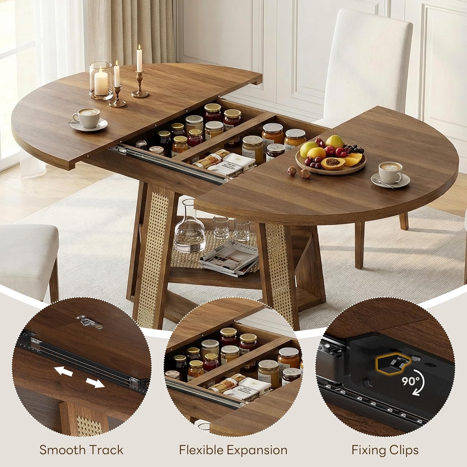 43"-59" Extendable Round Dining Table for 4-8, Transformer Oval Dining Room Table with Removable Leaves Space Saving, Wood Base Kitchen Table with Storage Shelf for Living Room, Walnut