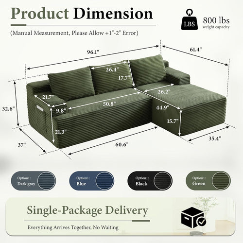 96" Sectional Couches for Living Room Cloud Couch Sofa with L-Shape Upholstered Boneless Couchs Modern Modular Sectional Couch with Chaise (Green, 96" W+Right Facing Chaise+2Seaters)