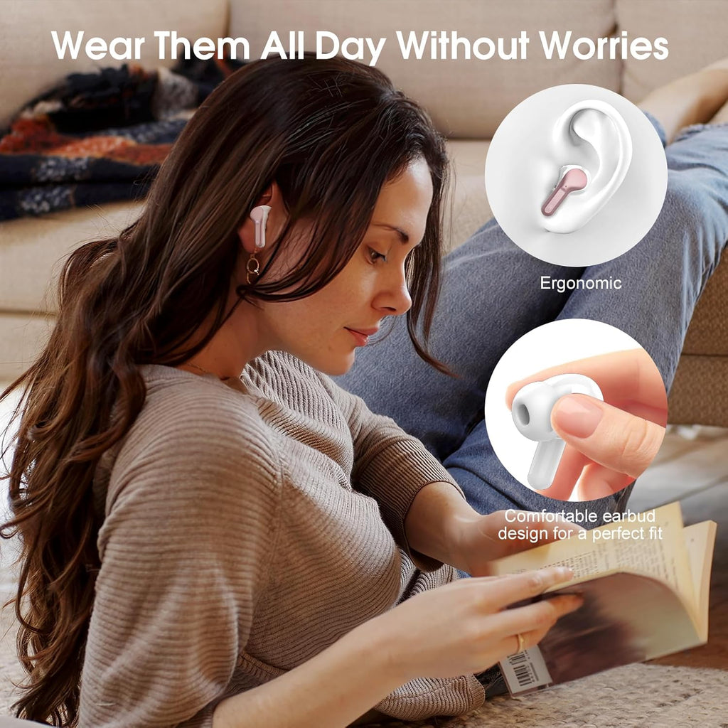 Wireless Earbuds, Bluetooth 5.4 Headphones HiFi Stereo, Bluetooth Earbuds with ENC Noise Cancelling Mic, IP7 Waterproof in Ear Earphones, 48H, LED Display Ear buds for Pad Phones Workout, Rose Gold