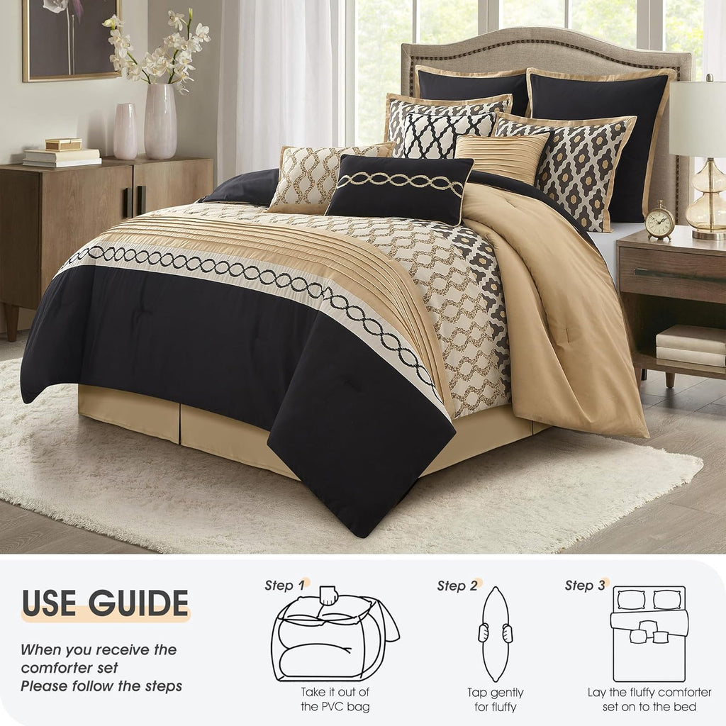 LANCO MODERN LIFESTYLE Queen Comforter Set, Black Gold, 10 Piece Bed in a Bag for All Seasons, Luxury Extreme Comfort Bedding Sets with Bedskirt, Pillow Shams, Euro Shams and Decor Pillows
