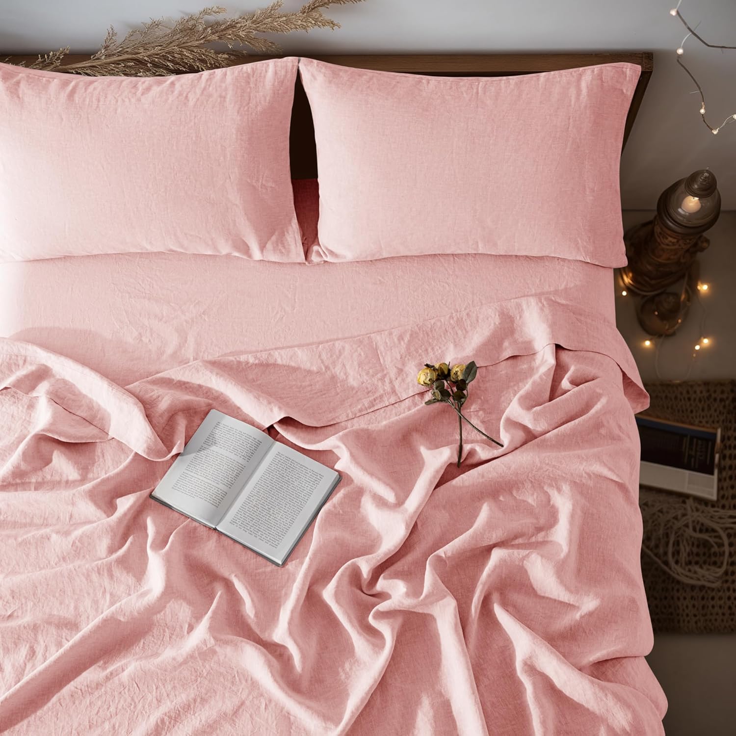 LBRO2M 100% Pure Linen Sheet Set Deep Pocket Up to 16" Bed Sheets Sets, Natural Flax Beddings Soft, Breathable, Comfortable for All Seasons 4 Pcs Sheet Set Queen Size, Blush Pink