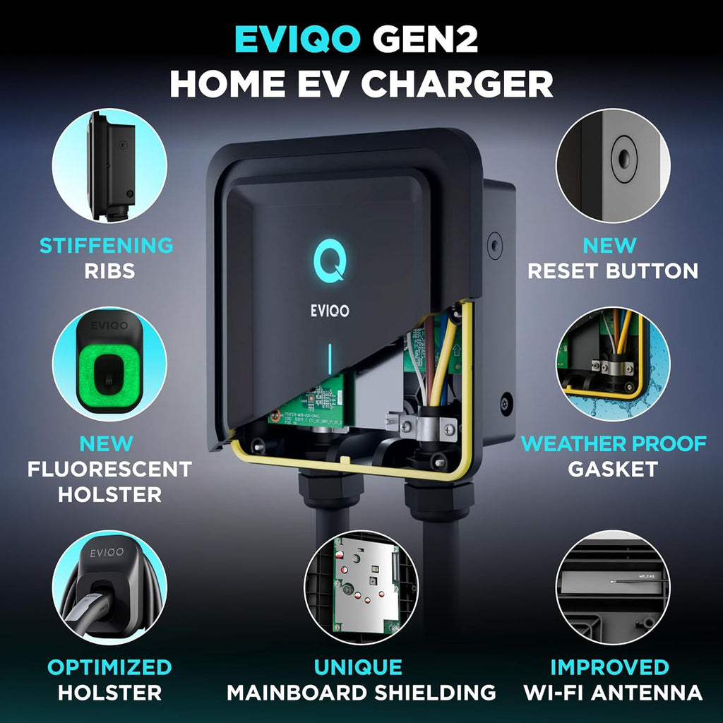 EVIQO NACS Charger for Tesla 48 Amp 240V Hardwired Level 2 EV Charger - Wall EV Charger Level 2, 25ft Cable, WiFi (2.4 GHz) Smart App - Weatherproof, Outdoor (IP66,NEMA 4) UL, ETL Certified