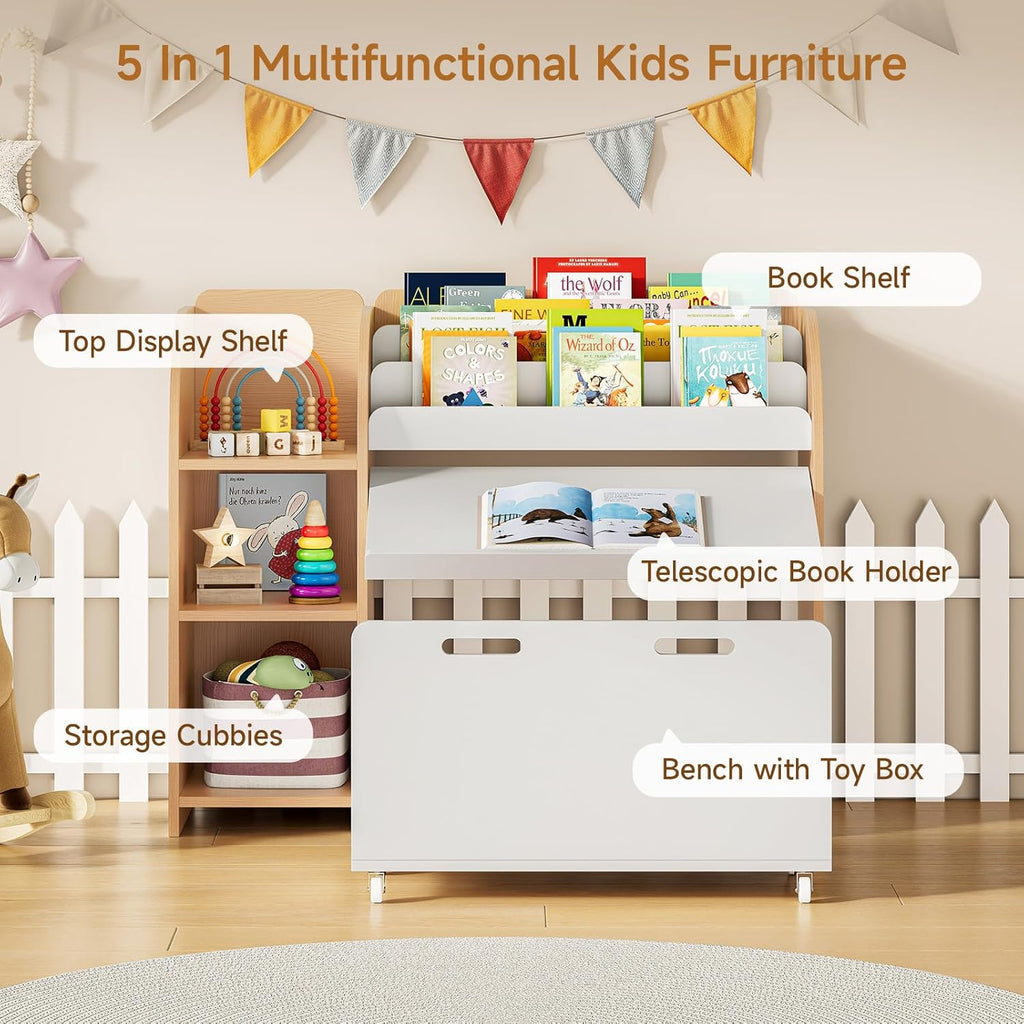 ONBRILL Kids Bookshelf and Toy Storage Organizer with Bench and Telescopic Book Holder, Reading Nook with Toy Box, Kids Furniture for Playroom, Bedroom, Living Room (White and Natural)