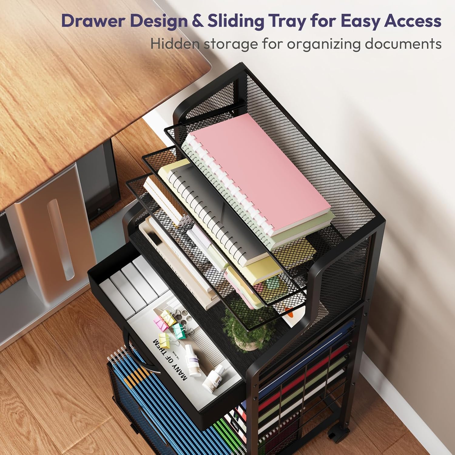 SWTYMIKI 10-Tier Rolling File Cart - Mesh Paper Organizer with Drawer and Hanging File Folders on Lockable Wheels, Rolling File Cabinet for Office Organization, Storage in Home, Studio, School, Black