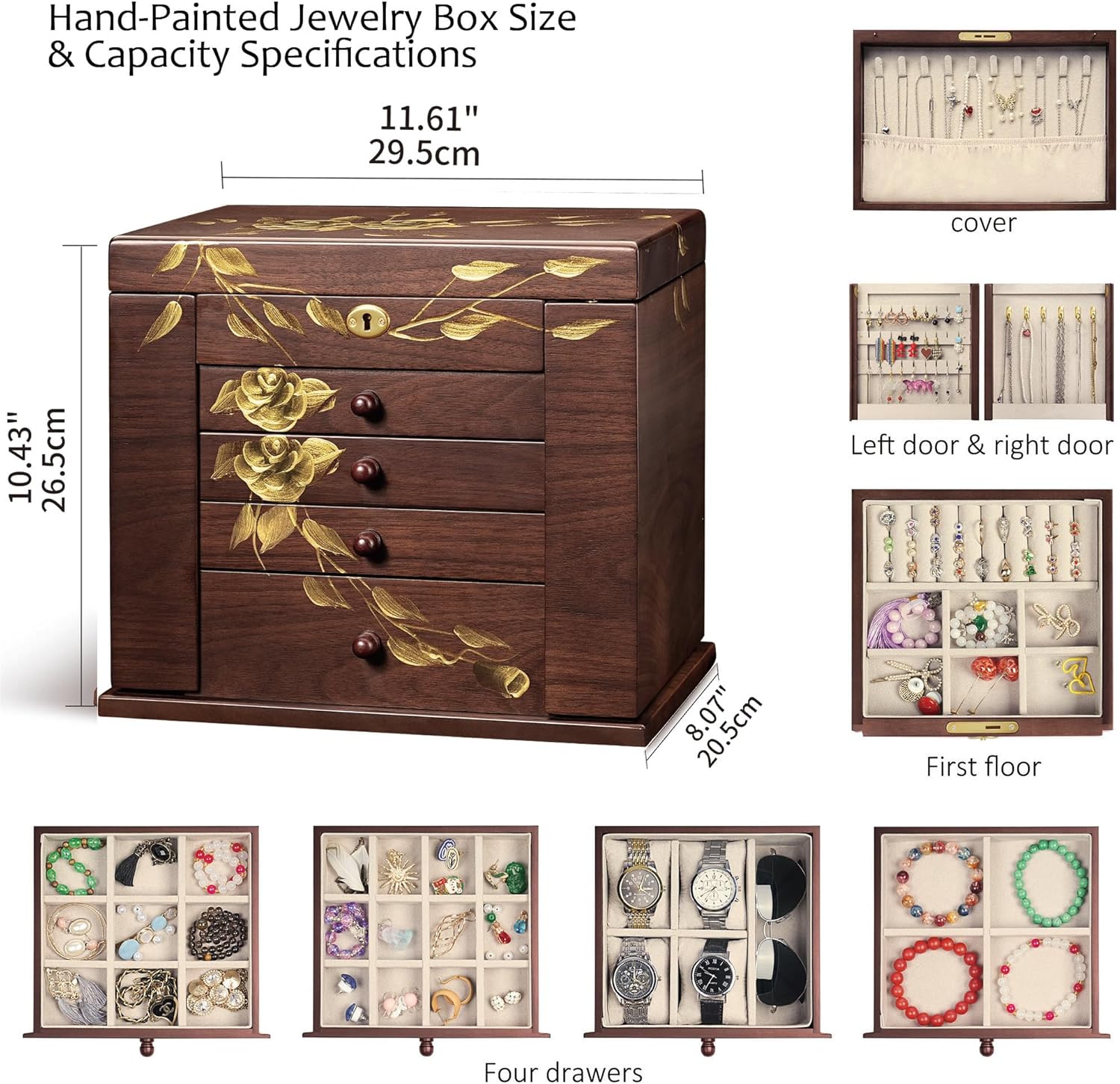 Hand-Painted rose Wooden Jewelry Boxes for Women - 8-Layer Large Lockable Jewelry Box with Compartments, Dresser Top Jewelry Organizer, Vintage Wooden Jewelry Storage