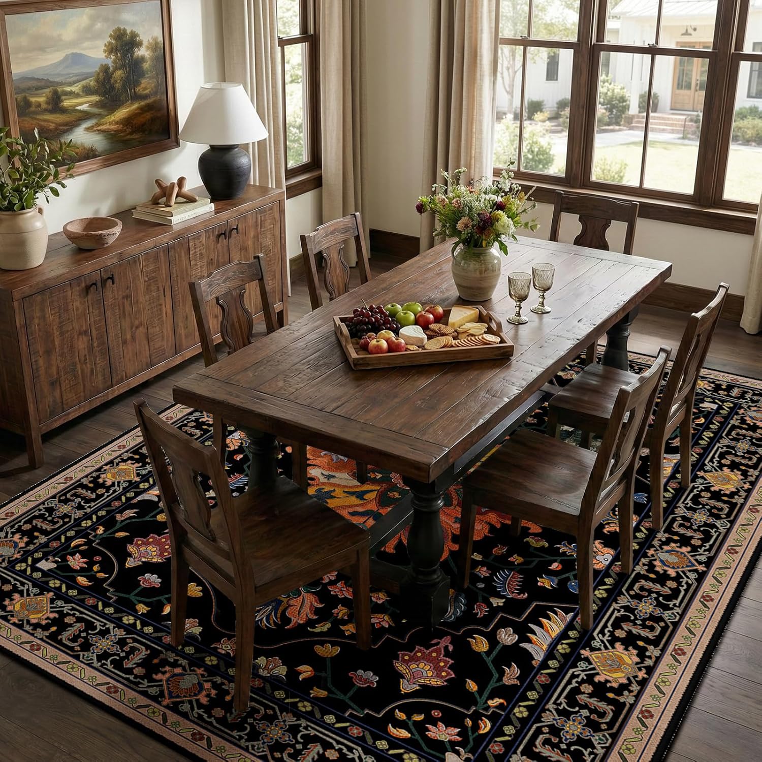RELEANY Area Rugs 9'x12' Washable Non-Slip, Floral Vintage Distress Print Pattern Medallion Carpet for Living Room Bedroom Dining Room, Black Colorful Floral Dark Tan