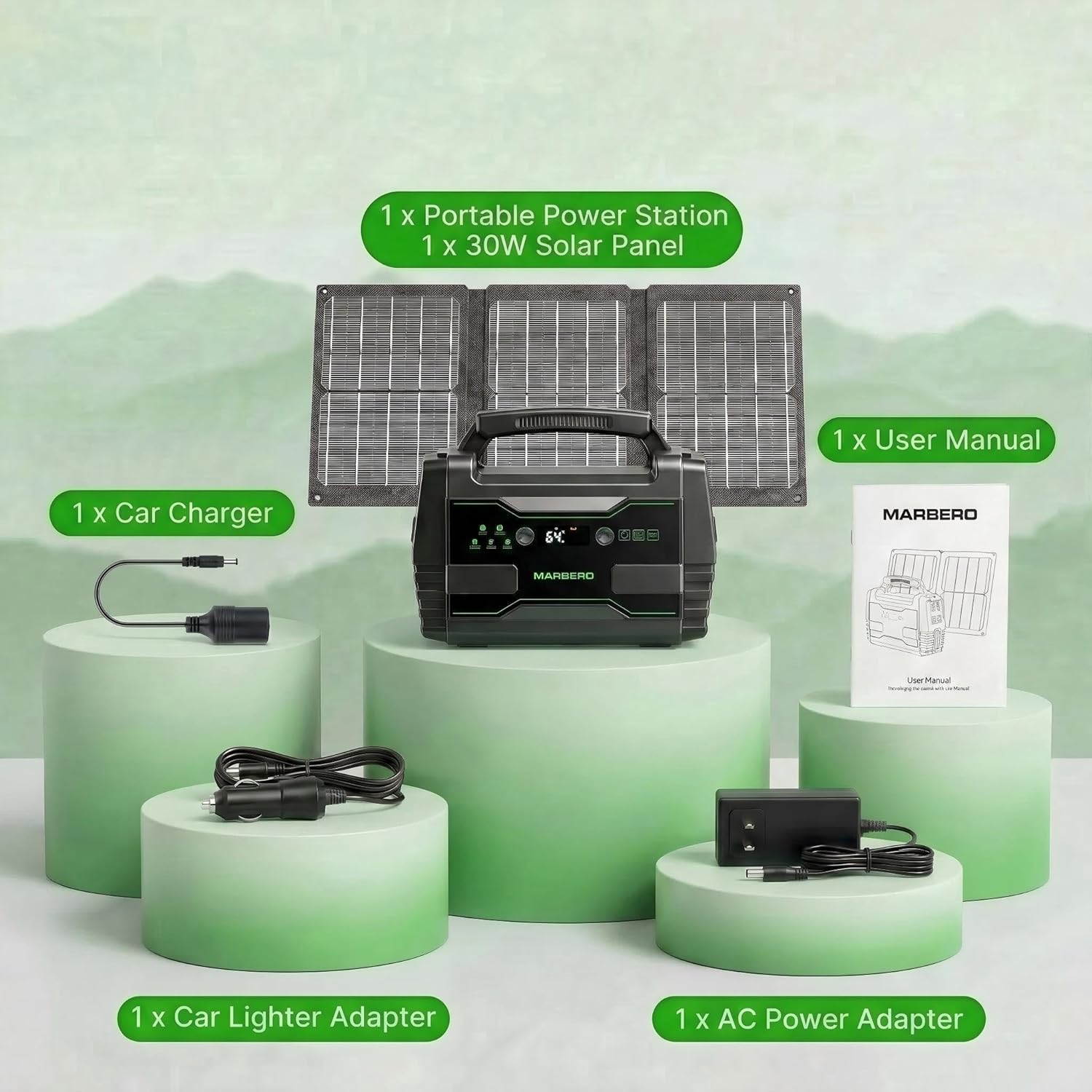MARBERO Solar Generator 155Wh with 30W Solar Panel Portable Power Station with 2x 100W AC Outlets(Peak 150W), QC3.0 USB UL Certified for Home Blackout, Camping, RV Travel, Ultra-Light & Silent Fan