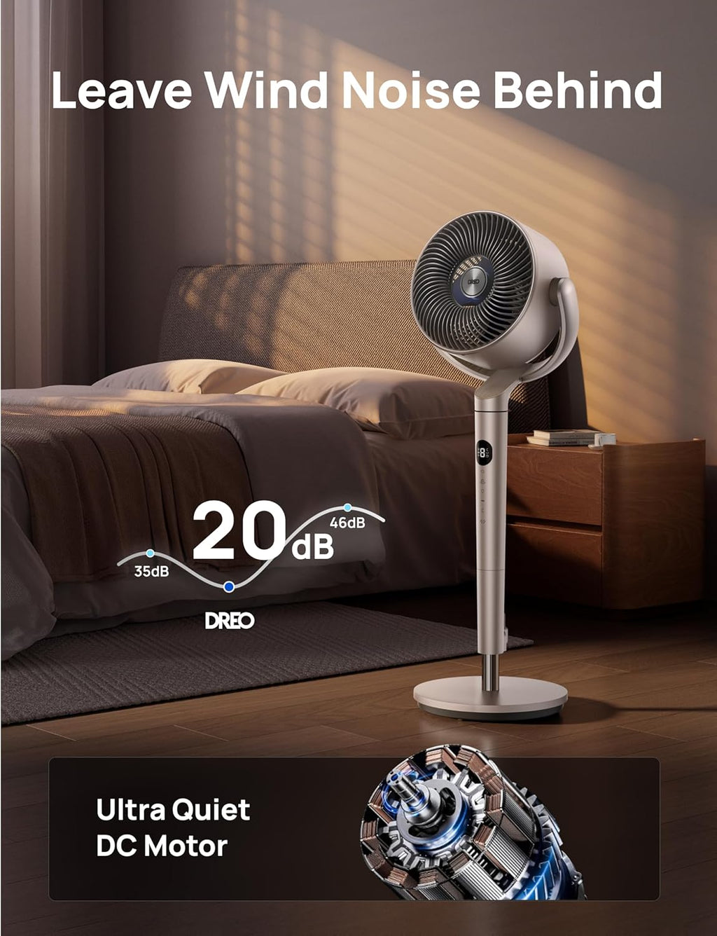 DREO Smart Fans for Bedroom, 120° +120° Omni-Directional Oscillating Fan, 100ft Quiet Pedestal Fan with RGB Light, 9 Speeds, 6 Modes, 20dB, 8H Timer, Wi-Fi/Voice, 35-40" Floor Fans, Starlight