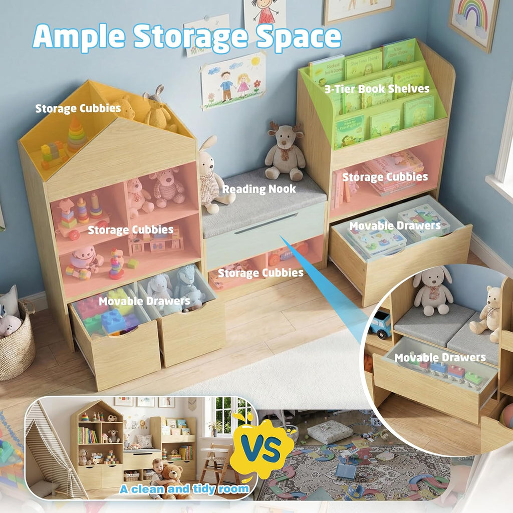 72" Kids Castle Bookshelf with Reading Nook, Large Toy Storage Organizer with Seat Cushion, 4 Drawers, Wheels, Kids Bookshelf and Bookcase w/8 Cubbies for Playroom, Nursery, Bedroom (Burlywood)