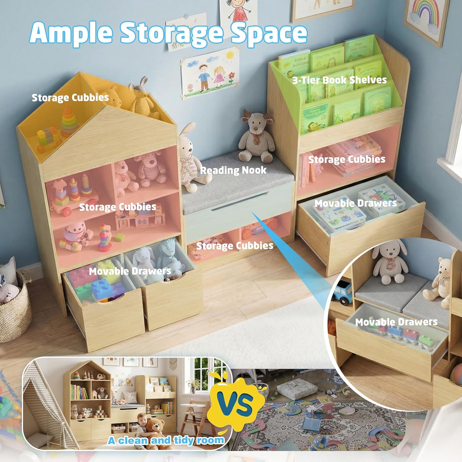 72" Kids Castle Bookshelf with Reading Nook, Large Toy Storage Organizer with Seat Cushion, 4 Drawers, Wheels, Kids Bookshelf and Bookcase w/8 Cubbies for Playroom, Nursery, Bedroom (Burlywood)