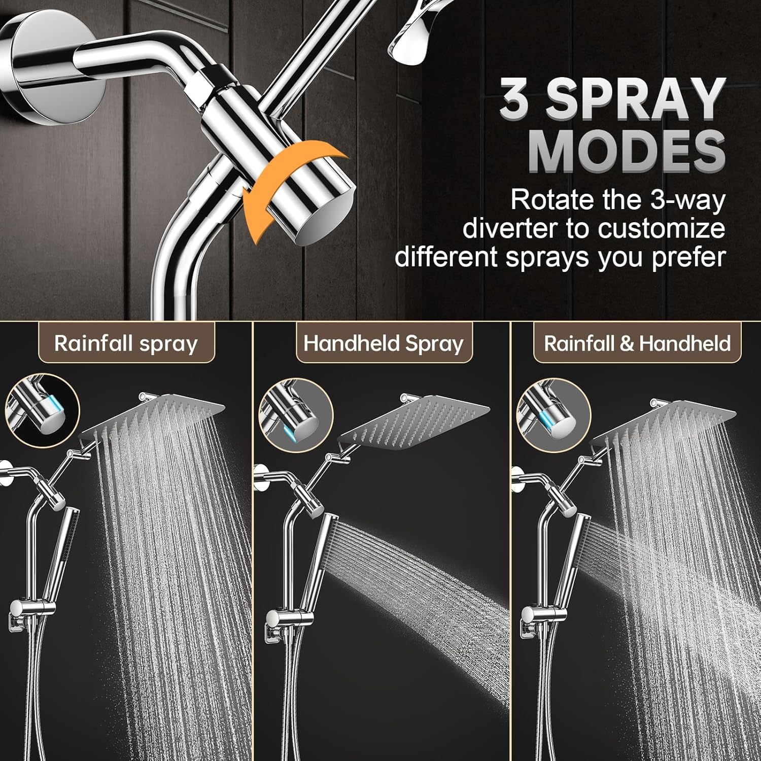 Veken All Metal 10" Shower Head with Handheld, Luxurious Square Double Rain Shower Heads,Power Wash Wand,Dual High Pressure Detachable Rainfall Showerhead with Spray Combo,Extension Arm,Chrome,Sliver