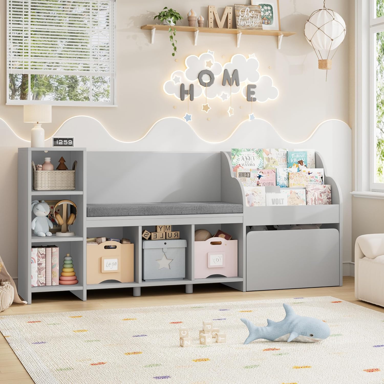 HOSTACK 67" W Kids Reading Nook with Toy Storage Organizer, Large Kids Bookshelf with Toy Storage Box on Wheels, Big Kid Bookcase with Bench and 6 Open Cubbies for Playroom, Kid Room, Grey