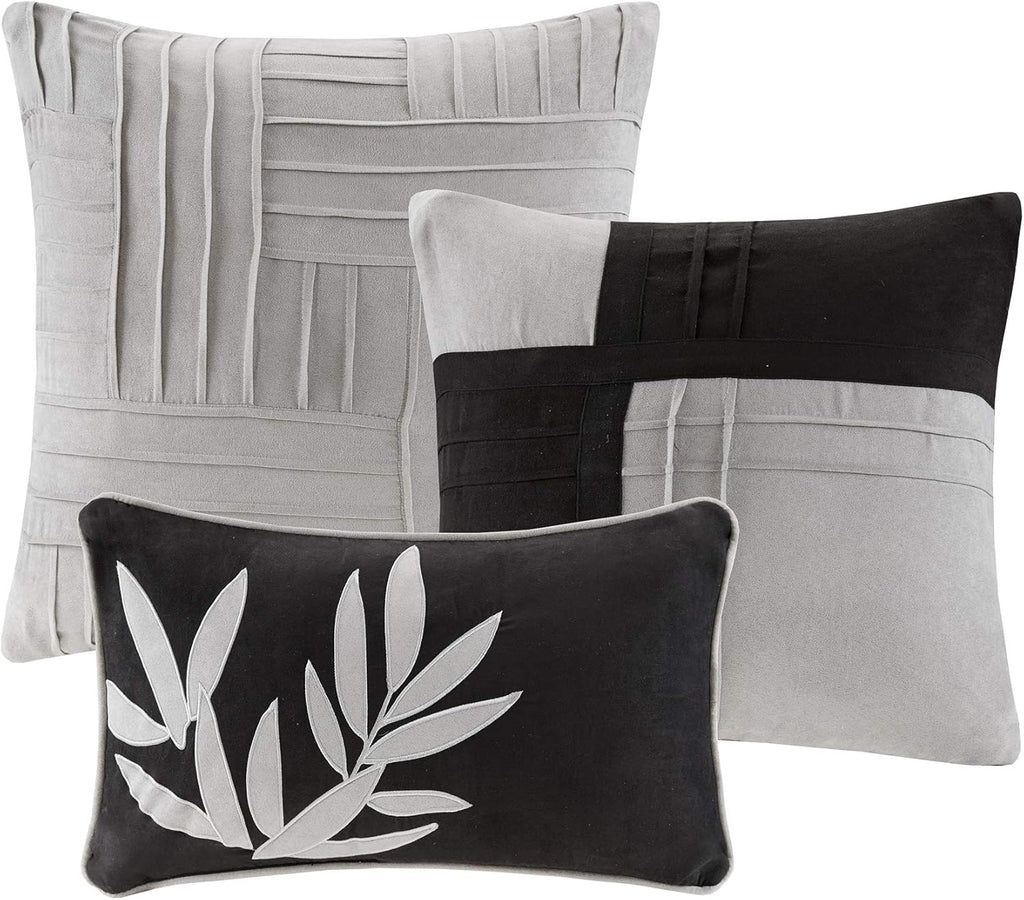 Madison Park Cozy Comforter Set Casual Blocks Design All Season, Matching Bed Skirt, Decorative Pillows, King(104"x92"), Dune Suede, Black Grey, 7 Piece