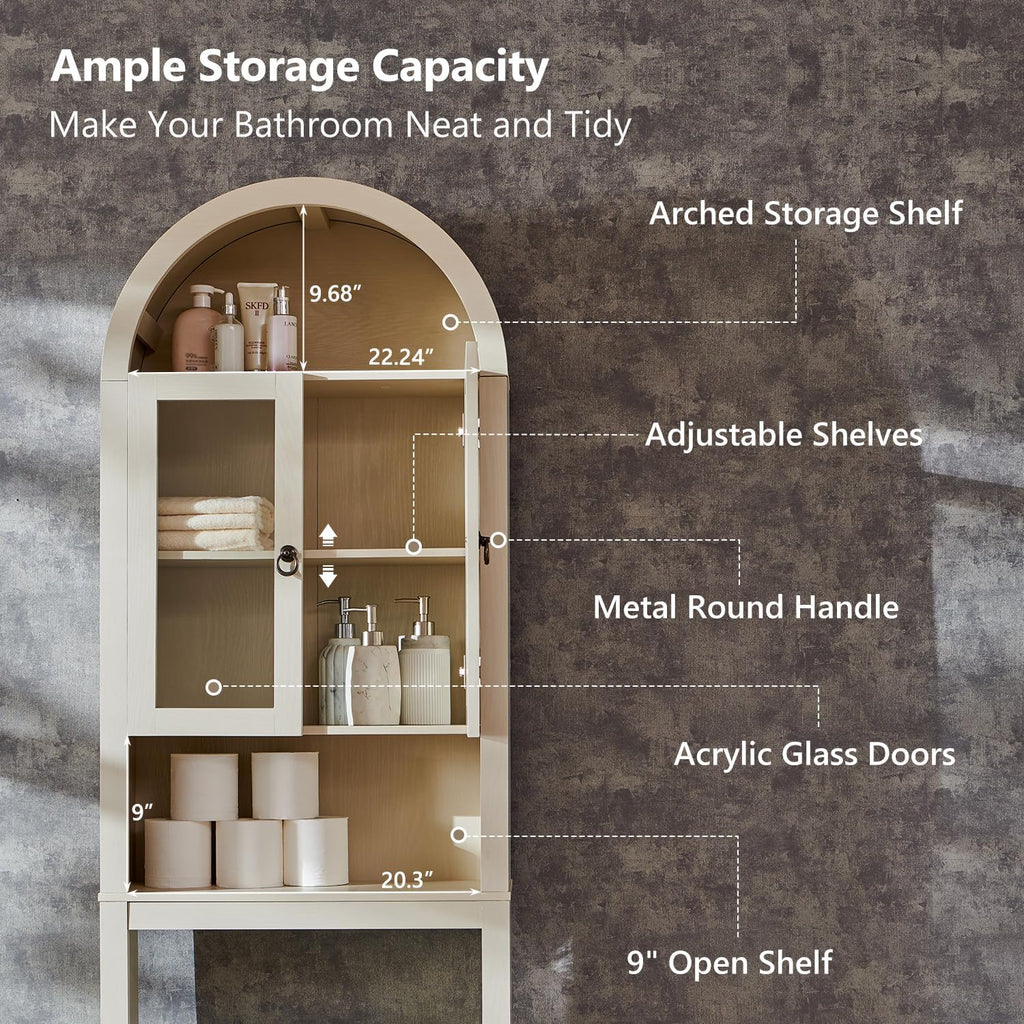 IFGET Arched Over The Toilet Storage Cabinet with Acrylic Doors, Modern Over Toilet Bathroom Organizer Shelf, Small Wooden Bathroom Storage Cabinet with Adjustable Shelf, Space Saver, Cream