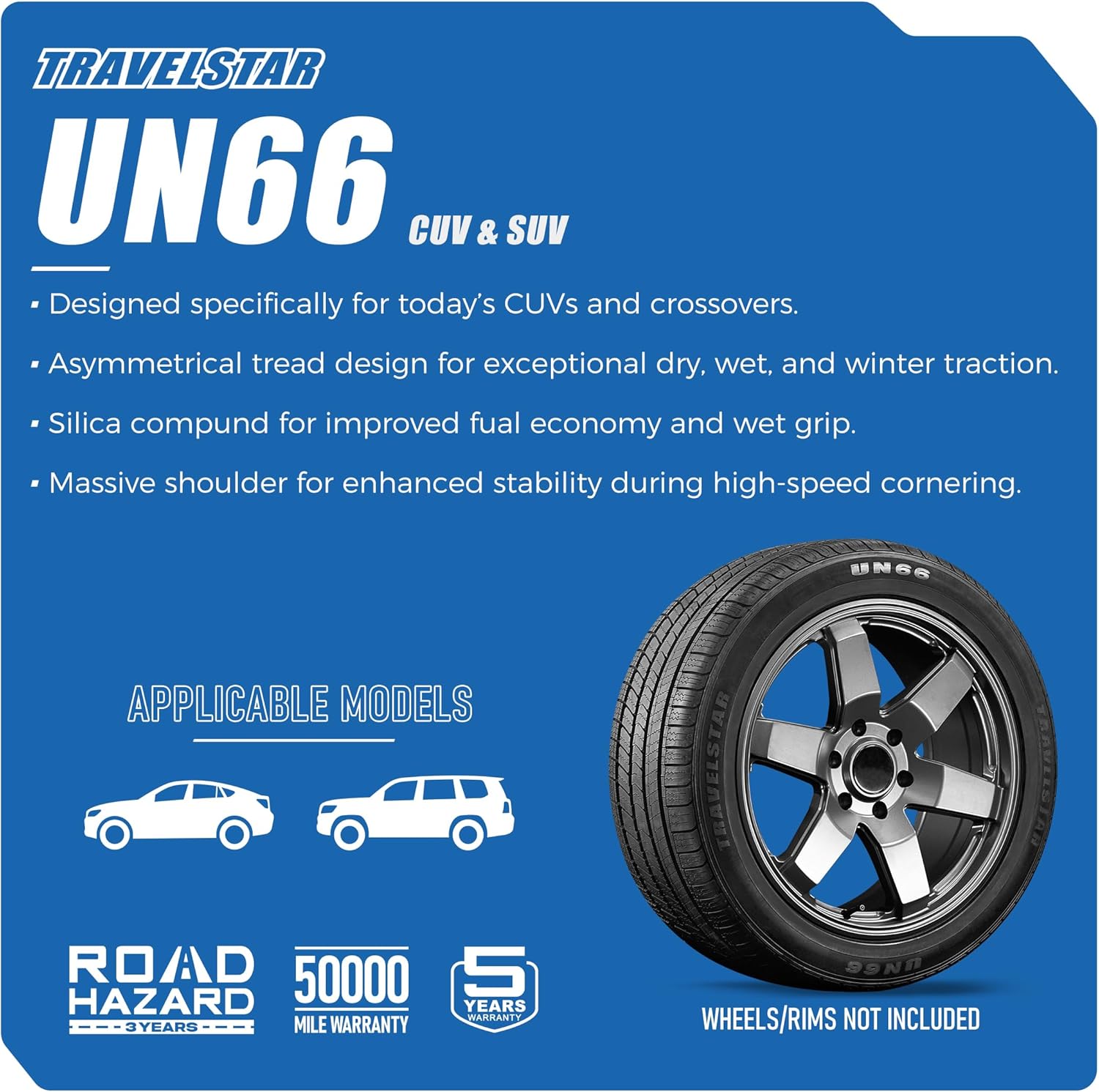 Set of 4 (Four) Travelstar UN66 265/50R20 107V All-Season High Performance CUV/SUV Tires 265/50/20 - Includes Three-Year Road Hazard Warranty UTQG 520AA (Tire Only)