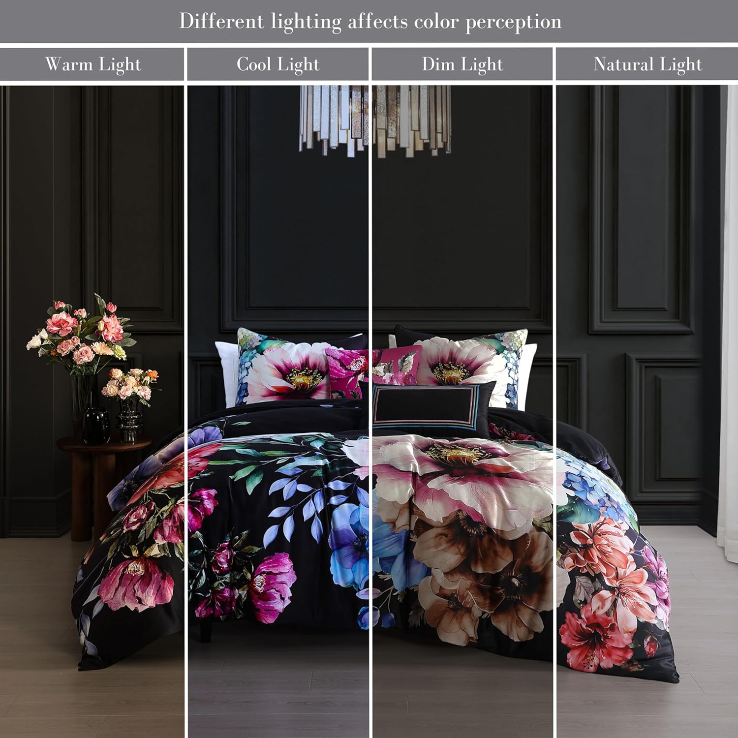 Bebejan Black Night Poppies 5 Piece Comforter Set, 100% Cotton Sateen, 220 Thread Count, Reversible Bedding Comforter Set, 1 Comforter, 2 Shams & 2 Pillows (King/Cal King)