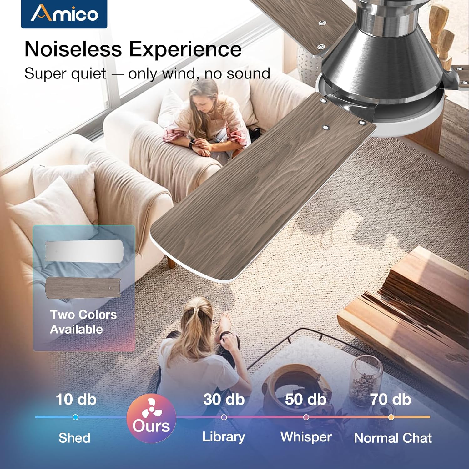 Amico 2 Pack Ceiling Fans with Lights, 42 inch Low Profile Ceiling fan with Light and Remote Control, Flush Mount, Reversible, 3CCT, Dimmable, Noiseless, Nickel Ceiling Fan for Bedroom, Indoor/Outdoor