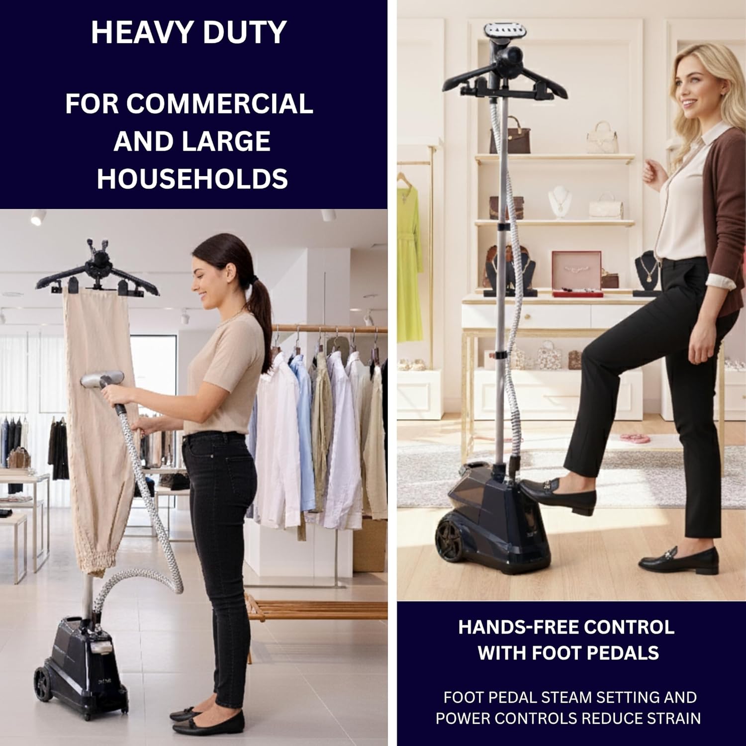 SALAV® Heavy Duty Smart Auto Shut-off Commercial Full-Size Garment Steamer, Beeping Alert when Water Runs out, Foot Pedal Control, XL 3L (101.5 oz) Tank, 1800 watts, 90+min of Continuous Steam, Navy