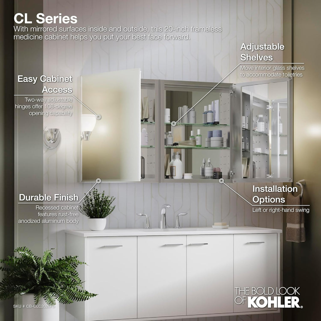 Kohler CB-CLC2026FS Frameless Bathroom Mirror Medicine Cabinet, Single Door, Rectangular Beveled Edge Frame, Bathroom Cabinet Mirror, Adjustable Shelves, 20 in. W x 26 in. H