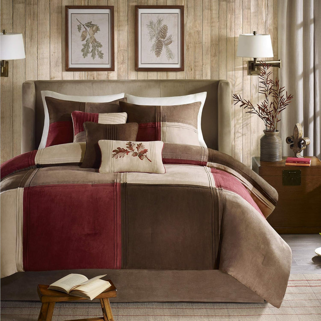 Madison Park Cozy Comforter Set Casual Blocks Design All Season, Matching Bed Skirt, Decorative Pillows, King(104"x92"), Red Brown, 7 Piece