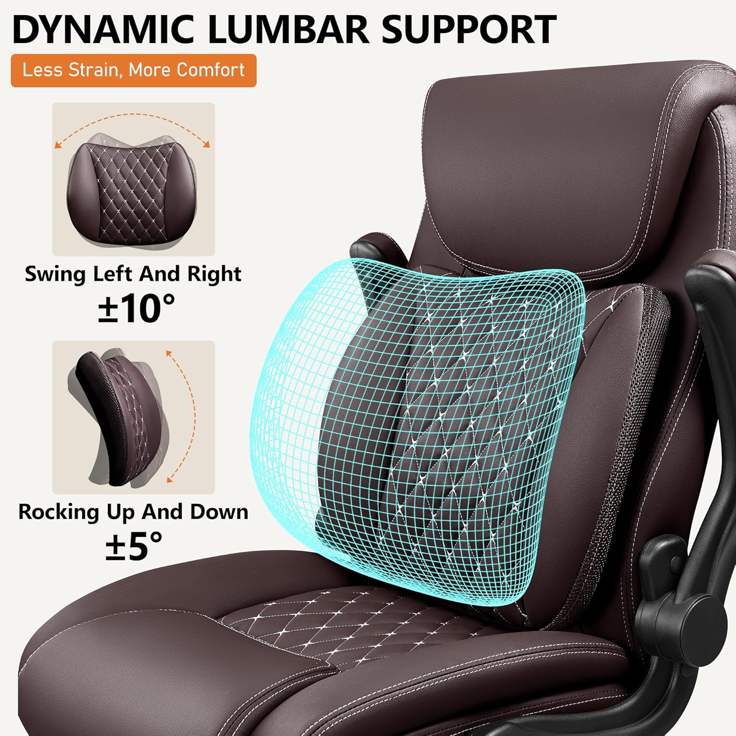 BESTFAIR Office Chair, Executive Computer Desk Chair with Lumbar Support for Lower Back Pain Relief, Ergonomic Leather Home Chair Comfy with Padded Flip-up Arms and Adjustable Armrests, Coffee