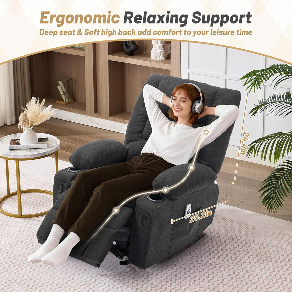 Rocker Recliner Chair with Massage and Heat, Nursery Rocking Chairs for Living Room, Recliner Chair for Adults, Ergonomic Comfy Relining Chair with Cup Holders, USB Charge Port, Side Pockets, Black