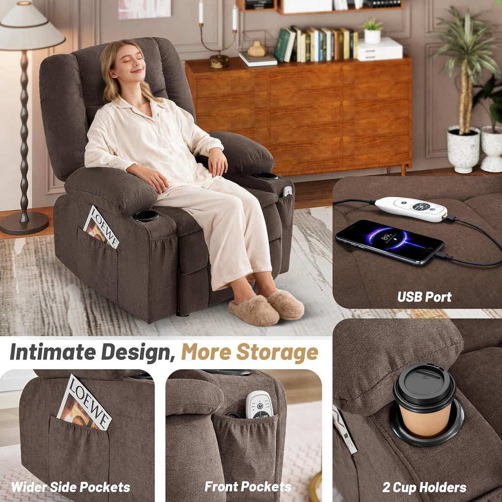 Rocker Recliner Chair with Massage and Heat, Nursery Rocking Chairs for Living Room, Ergonomic Comfy Relining Chair with Cup Holders, USB Charge Port, Side Pockets, Recliner Sofa, Brown