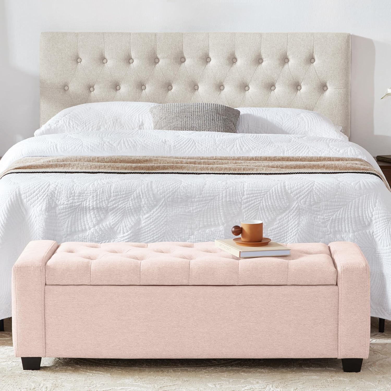 Huatean Home 48" Ottoman with Storage, Pink Storage Ottoman Bench with Safety Hinge, Upholstered Entryway Bench with Seating for Bedroom, Living Room, Holds up to 330 lb